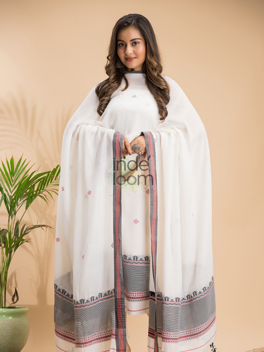 Soft White | Handloom Jamdani Cotton Unstitched 2-Piece Kurti | Baluchari Design