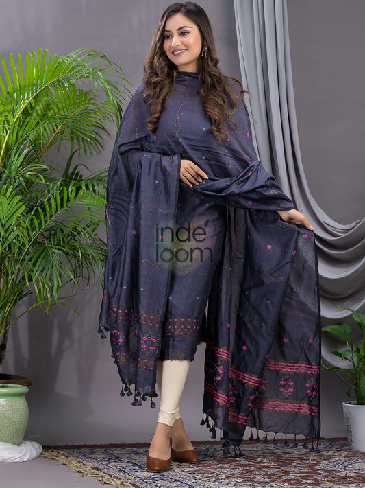 Indigo Grey | Handloom Jamdani Cotton Unstitched 2-Piece Kurti | Bhujodi Design