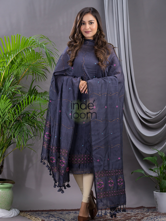 Indigo Grey | Handloom Jamdani Cotton Unstitched 2-Piece Kurti | Bhujodi Design