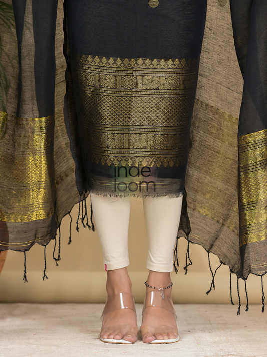 Deep Black | Handloom Jamdani Muslin Unstitched 2-Piece Kurti | Classic Design