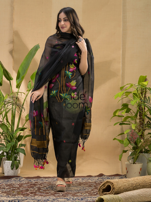 Deep Black | Handloom Jamdani Muslin Unstitched 2-Piece Kurti | Classic Design