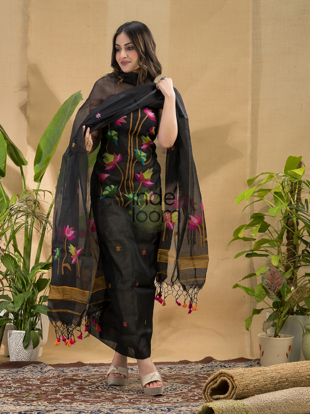 Dark Black Jamdani 2-Piece Set Kurti & Dupatta (UNSTITCHED) -794
