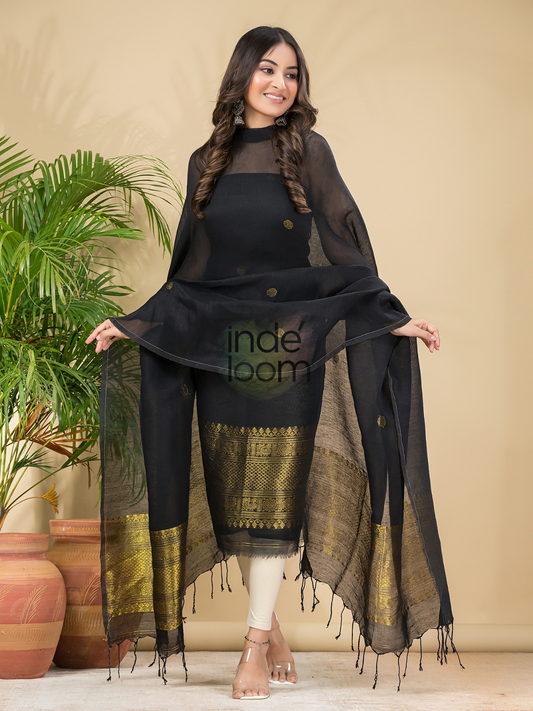 Deep Black | Handloom Jamdani Muslin Unstitched 2-Piece Kurti | Classic Design