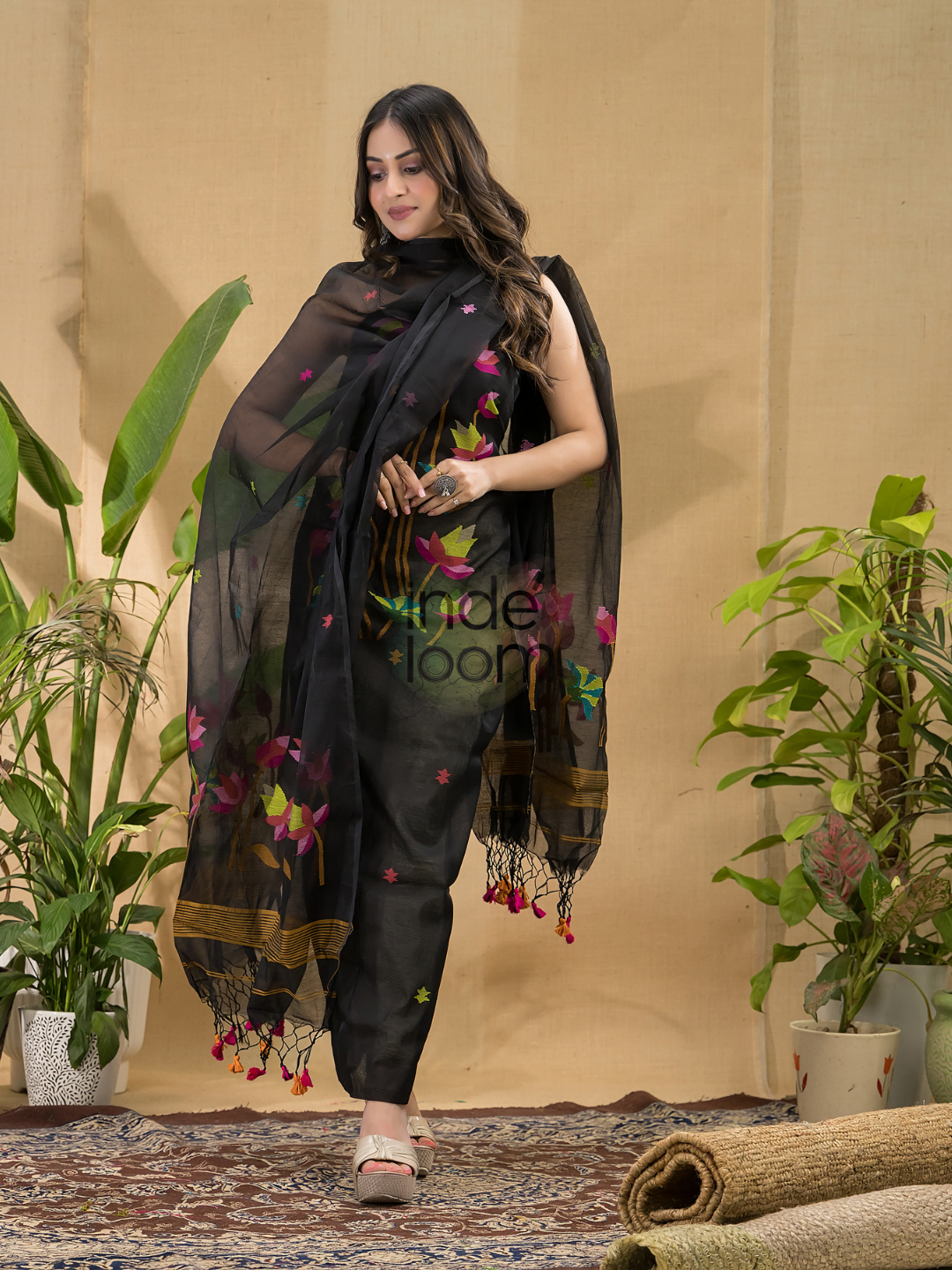 Dark Black Jamdani 2-Piece Set Kurti & Dupatta (UNSTITCHED) -794