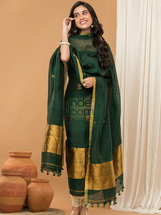 Very Dark Green | Handloom Jamdani Linen Unstitched 2-Piece Kurti