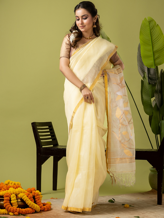 Pure Jamdani Linen Saree | Light Yellow and Yelllow | Half and Half style with Contrast Border