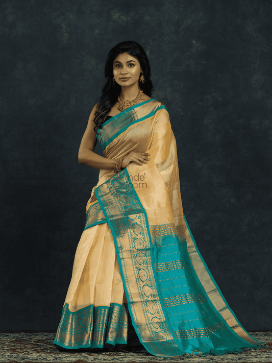 Pure Handloom Korvai Saree | Light Yellow and Blue