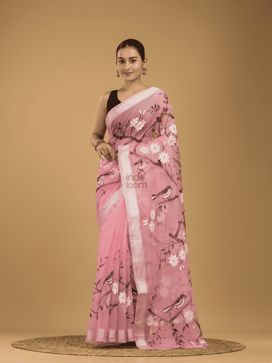 Kota Doria Handpainted Saree With Baby Pink - 005 - indeloom