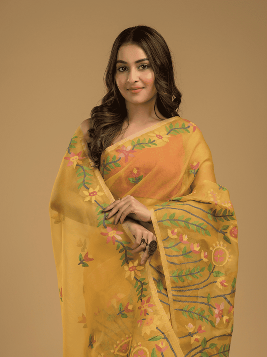 Jamdani Saree With Mustard Yellow - 04 - indeloom