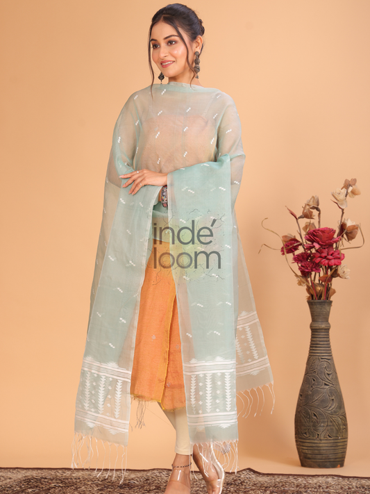 Pure Handloom Muslin Jamdani Dupatta With Baby Blue - 008