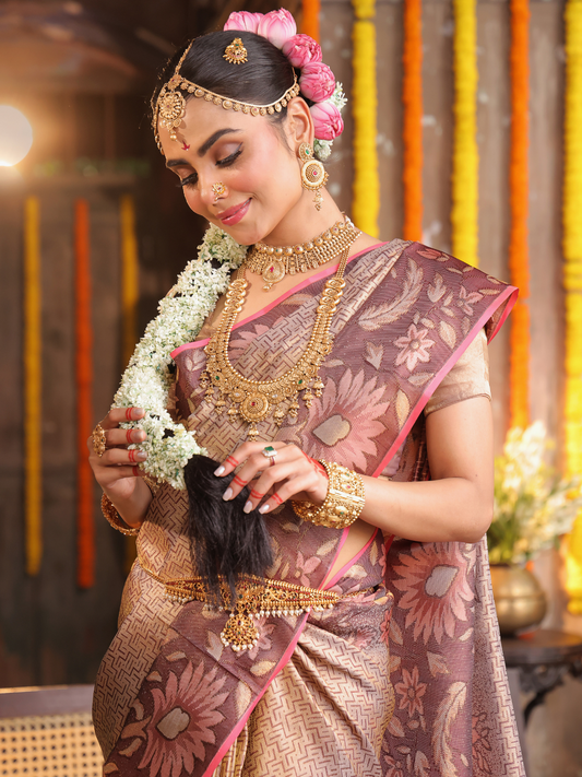 Amraghata  -  Soft mango-green silk with floral zari buttas