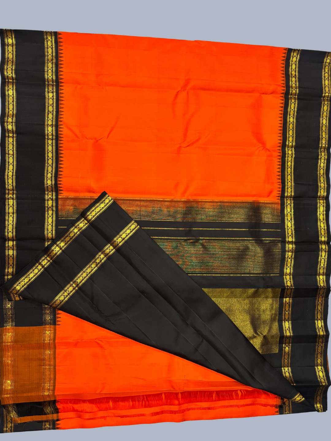 Handwoven Pure Gadwal Silk Saree | Fire Orange