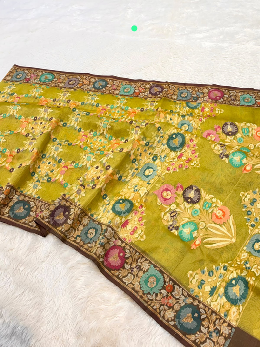 Exclusive Pure Ektara Benarasi Kora Jamdani saree | Olive Green