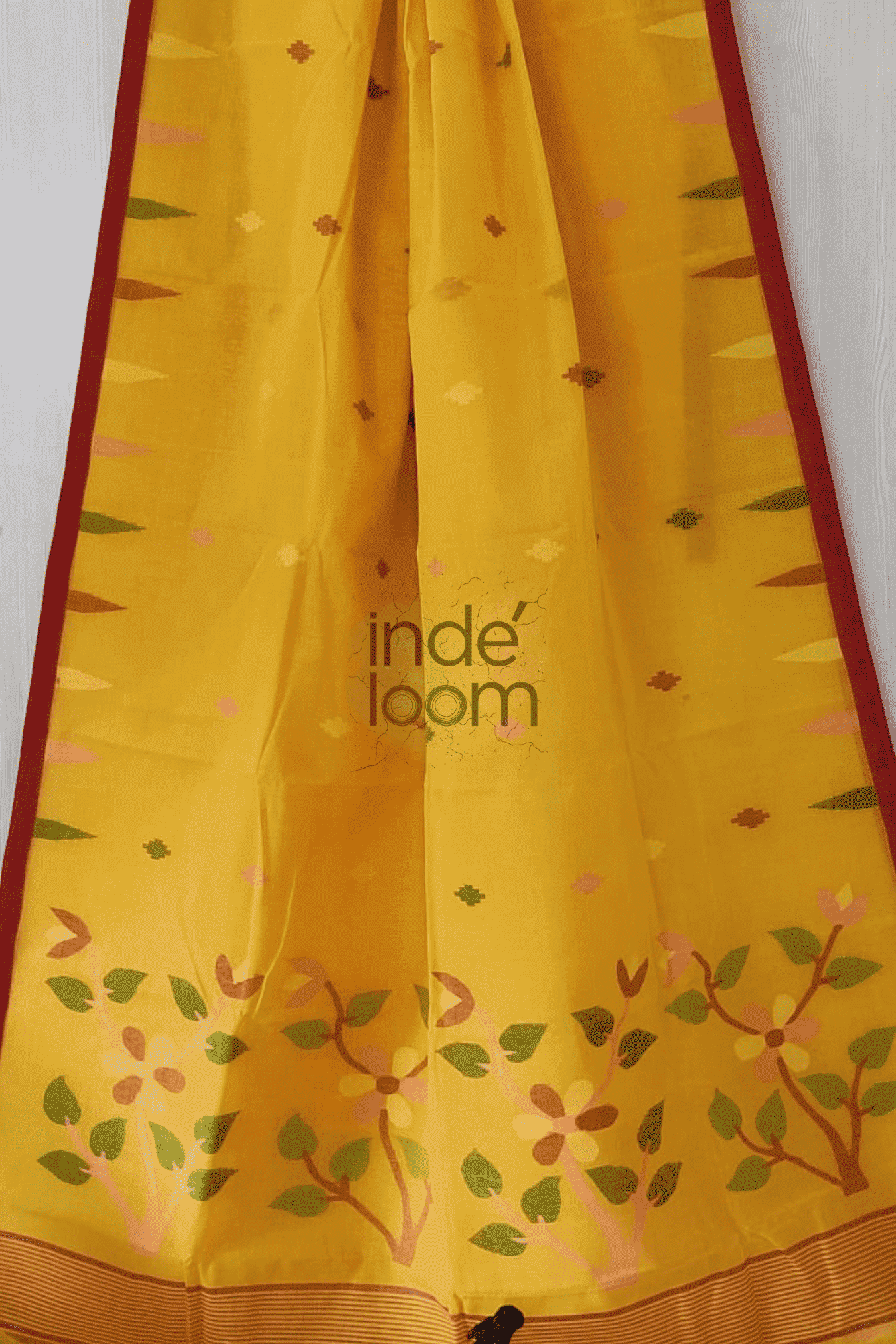 Floral Golden Yellow Bengal Pure Cotton Jamdani Saree-008 - indeloom