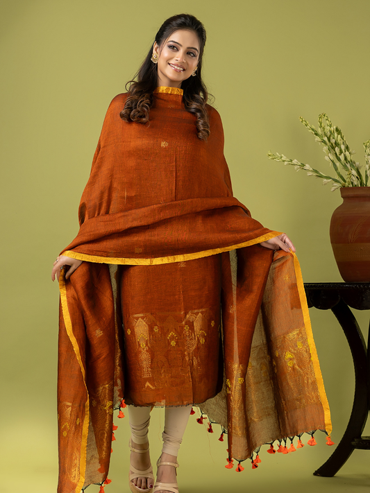 Handwoven Jamdani Linen Unstitched 2-piece Kurti | Burnt Orange