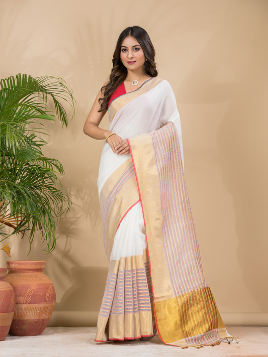 Cotton Linen Handloom Saree With Pearl White - 013