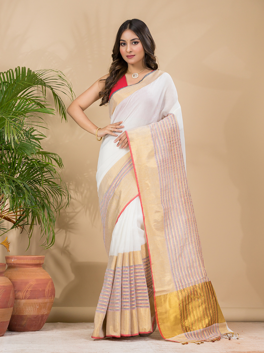 Cotton Linen Handloom Saree With Pearl White - 013