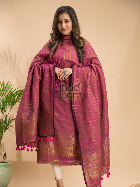 Handwoven Jamdani Linen Unstitched 2-piece Kurti | Berry Pink