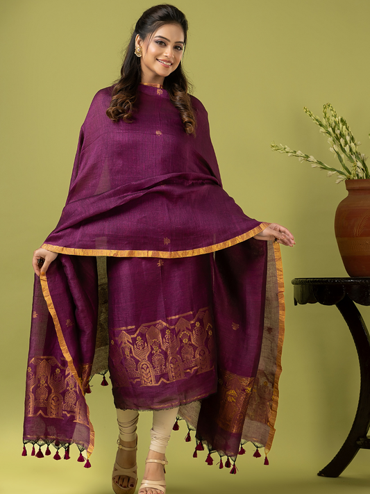 Handwoven Jamdani Linen Unstitched 2-piece Kurti | Mulberry Purple