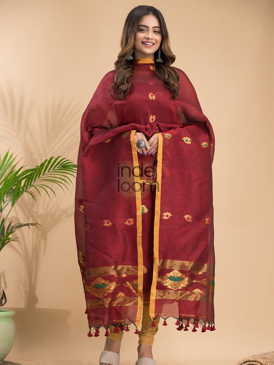 Mahogany | Handloom Jamdani Linen Unstitched 2-Piece Kurti | Benaras Design