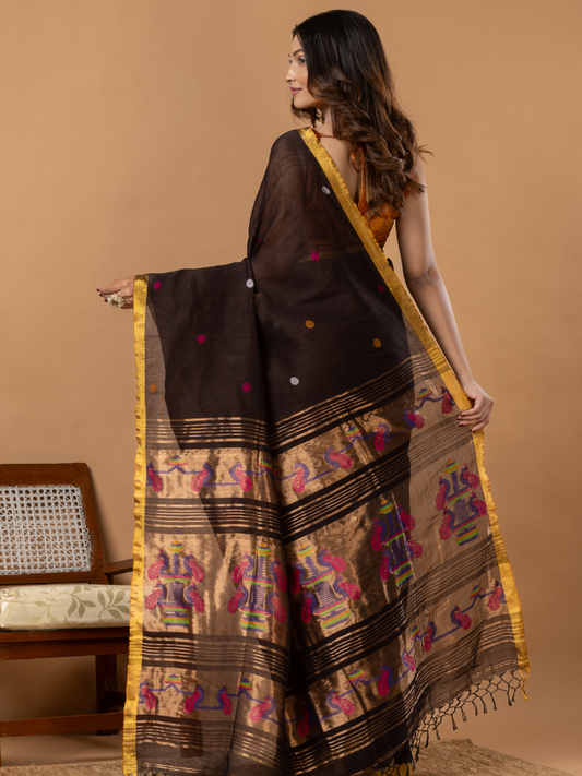 Handwoven Jamdani Silk Tissue Linen Saree | Dark Chocolate Brown