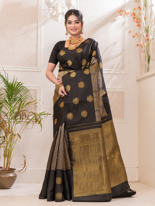 Megh Vaarna - Coal Black silk with gaja and floral border