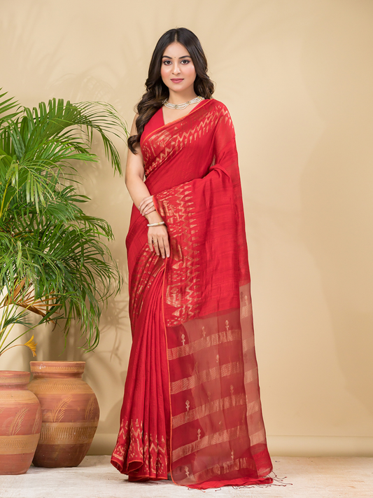 Matka Silk Jamdani Saree With Classic Red - 023