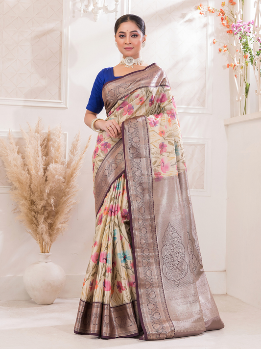 Vanalata - Earth-toned brown drape with blooming florals in digital prints
