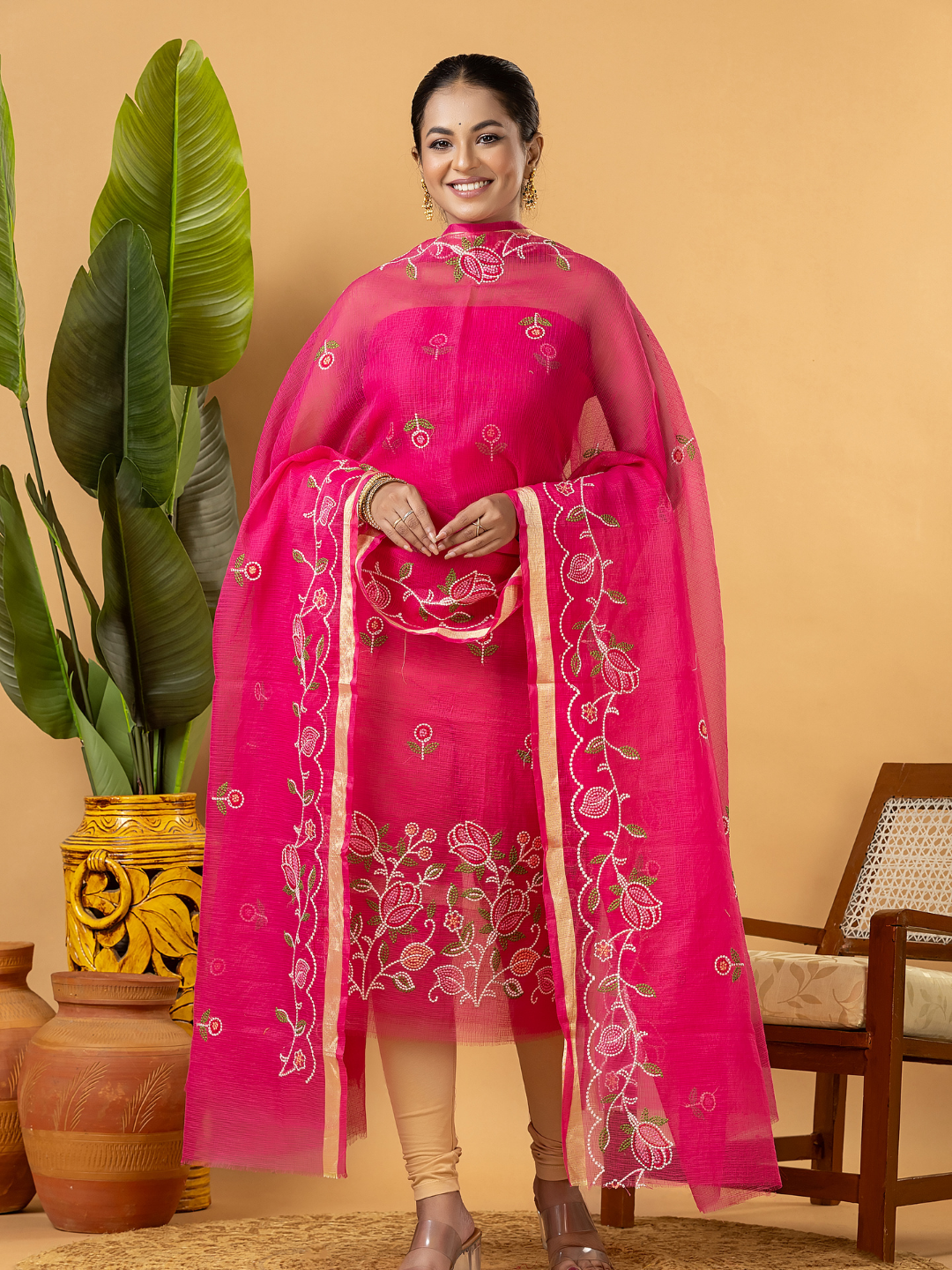 Classic Kota Doria Cotton Unstitched 2-Piece Kurti | Fuchsia