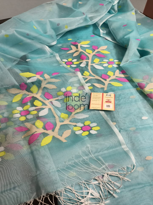 Aquamarine Blue | Handloom Jamdani Muslin Unstitched 2-Piece Kurti