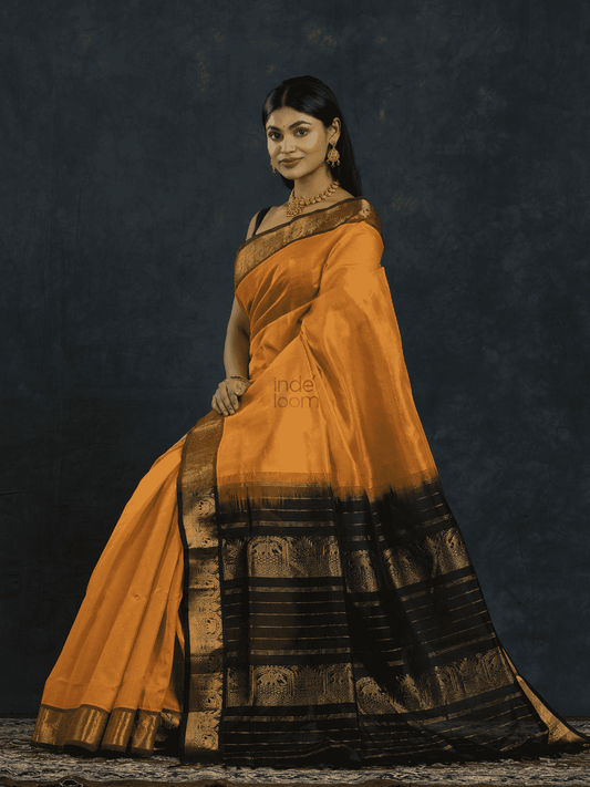 Pure Handloom Korvai Saree | Golden Yellow and Black