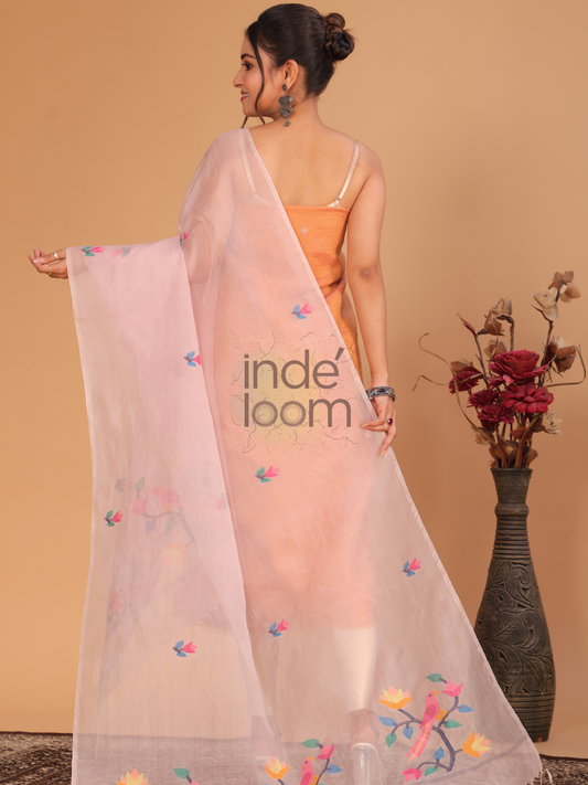 Pure Handloom Muslin Jamdani Dupatta With Light Pink - 009