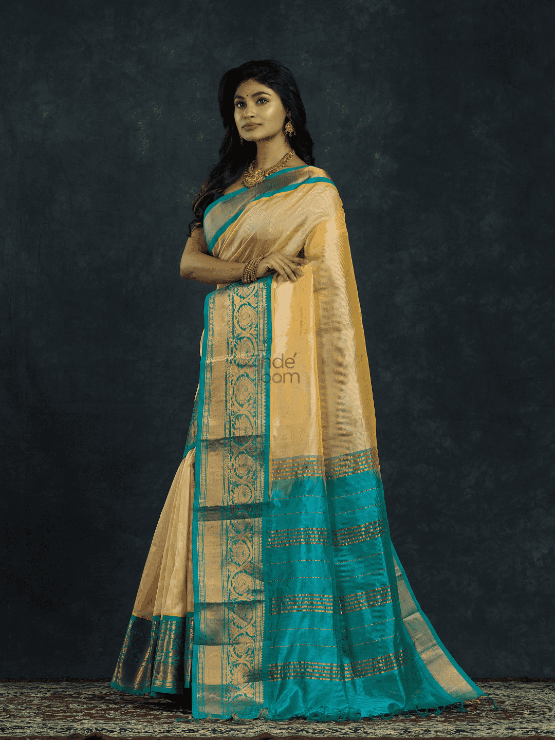 Pure Handloom Korvai Silk Cotton Saree in Light Yellow and Blue Border - 111