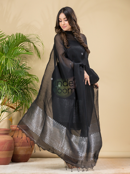 Deep Black | Handloom Jamdani Muslin Unstitched 2-Piece Kurti | Classic Design