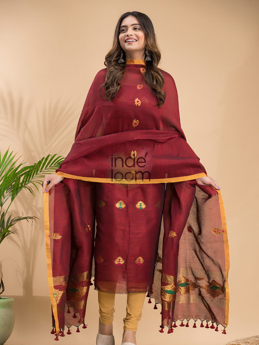 Mahogany | Handloom Jamdani Linen Unstitched 2-Piece Kurti | Benaras Design