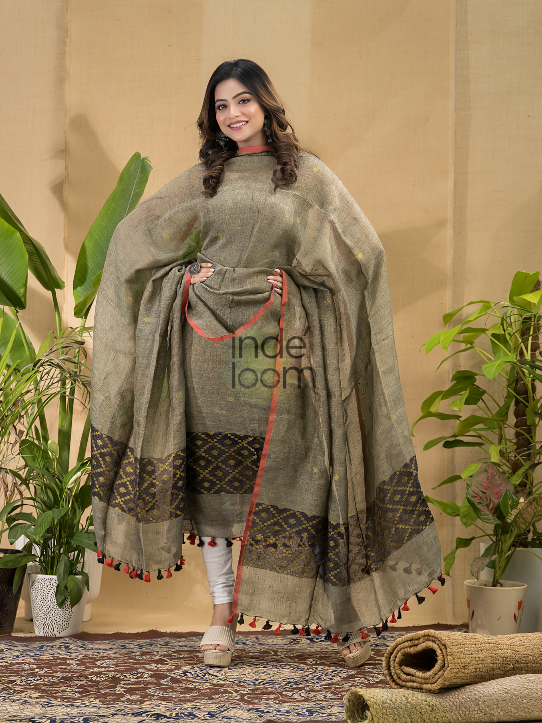 Coffee Brown Jamdani 2-Piece Set Kurti & Dupatta (UNSTITCHED) -789