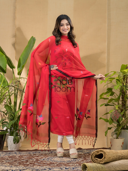 Firebrick | Handloom Jamdani Muslin Unstitched 2-Piece Kurti