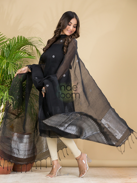 Deep Black | Handloom Jamdani Muslin Unstitched 2-Piece Kurti | Classic Design