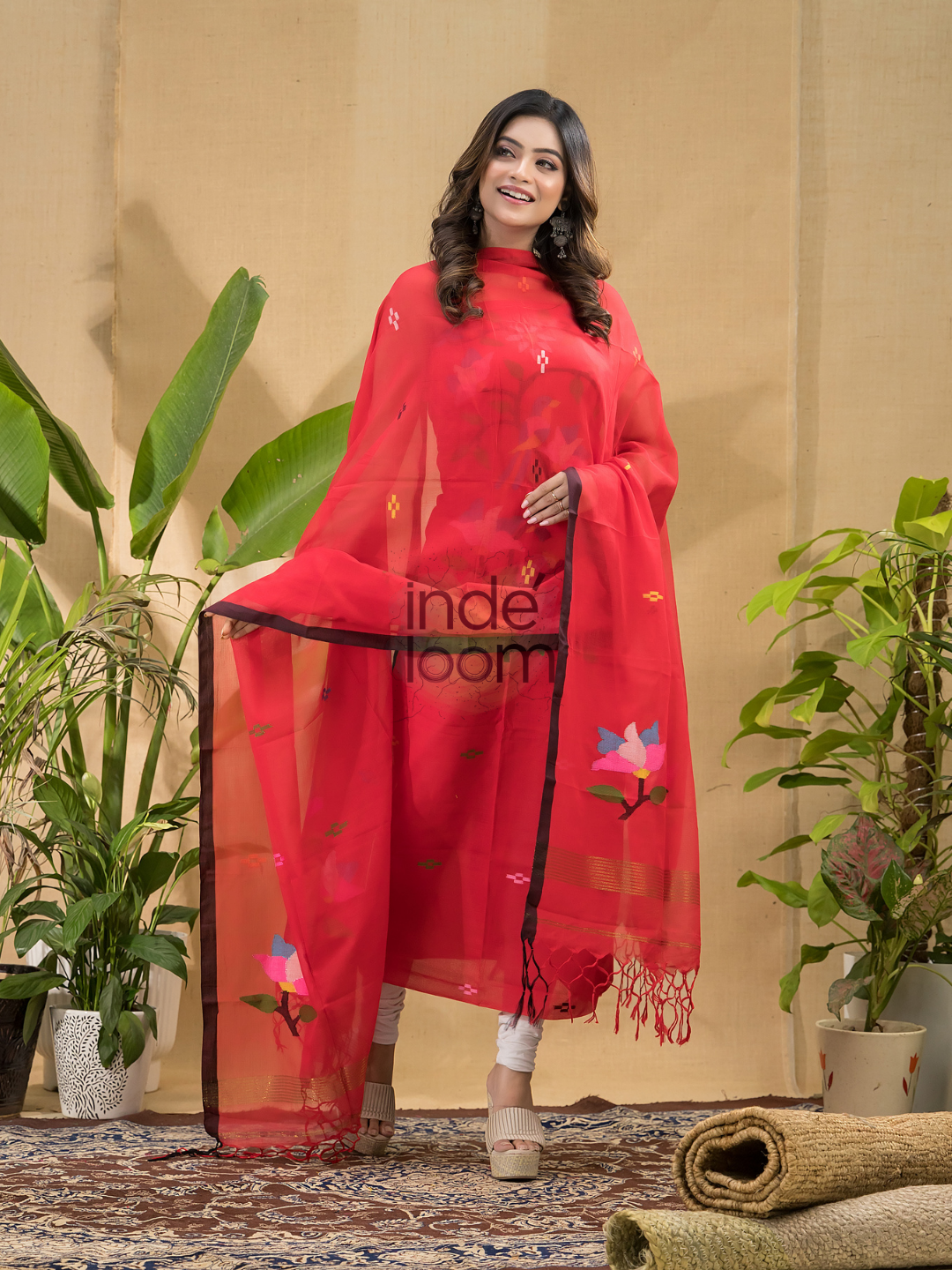 Dark Red Jamdani 2-Piece Set Kurti & Dupatta -793