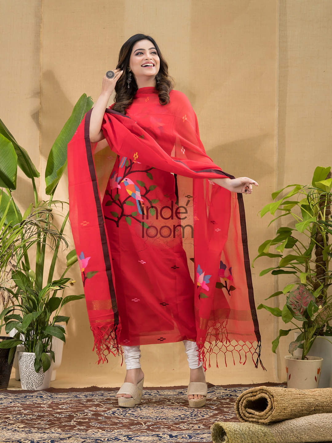 Dark Red Jamdani 2-Piece Set Kurti & Dupatta -793