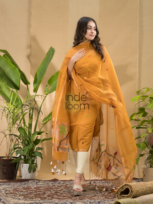 Amber Gold | Handloom Jamdani Muslin Unstitched 2-Piece Kurti | Paithani Design