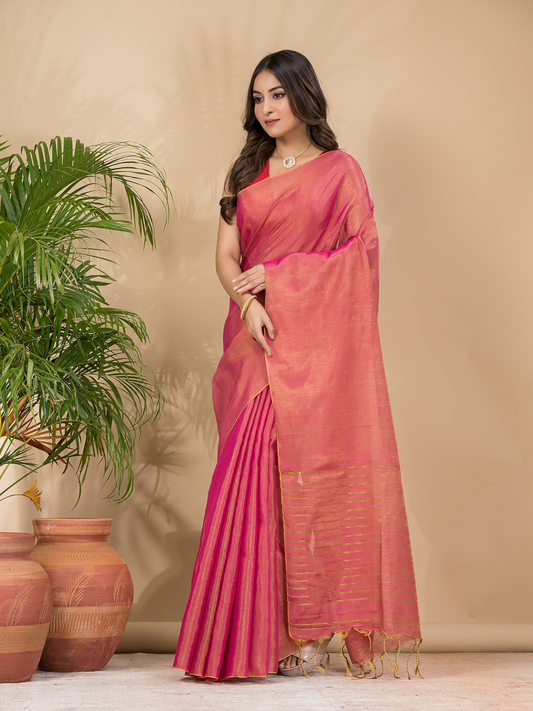 Tissue Linen Handloom Saree With Peach Pink - 023