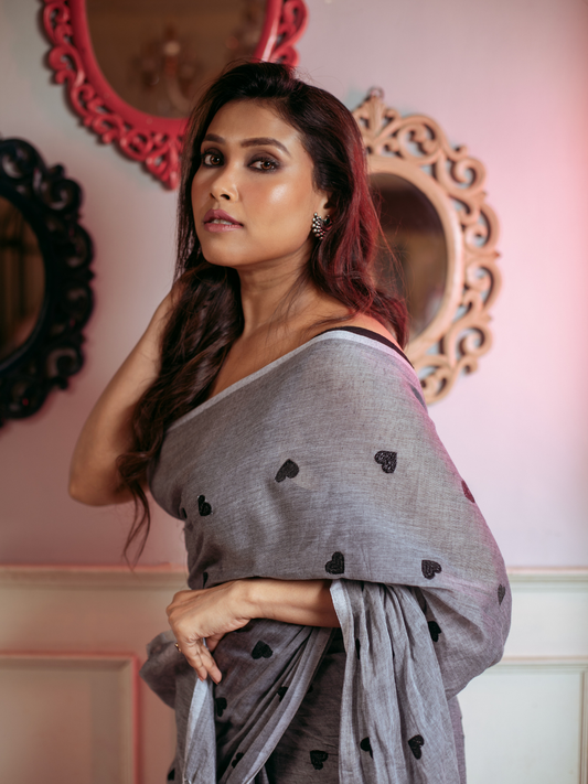 Handloom Mul Cotton Saree Smokey Black Hearts - 063