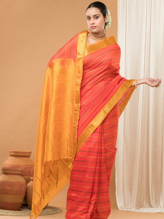 Pure Handloom Korvai Saree |Vivid Orange With Gold Broder