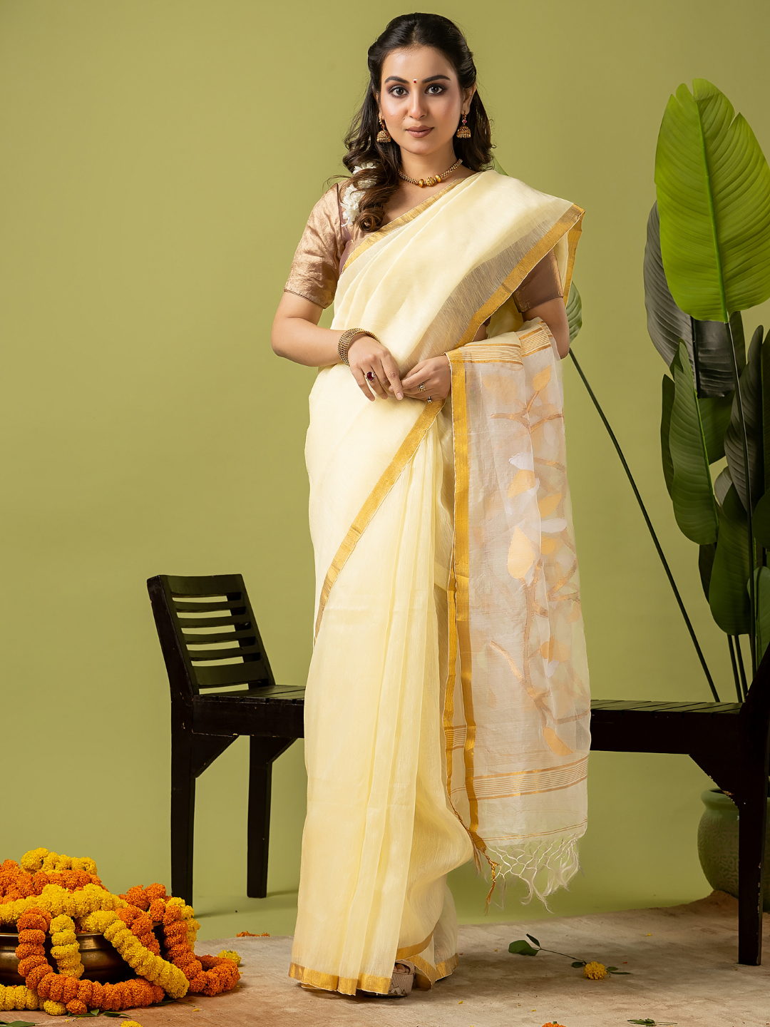 Pure Jamdani Linen Saree | Light Yellow and Yelllow | Half and Half style with Contrast Border