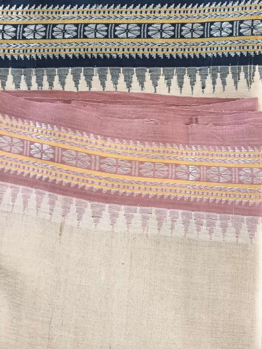 Candy Pink Handloom Vidarbha Tussar Silk Saree with Multicolor Contrast Border -080