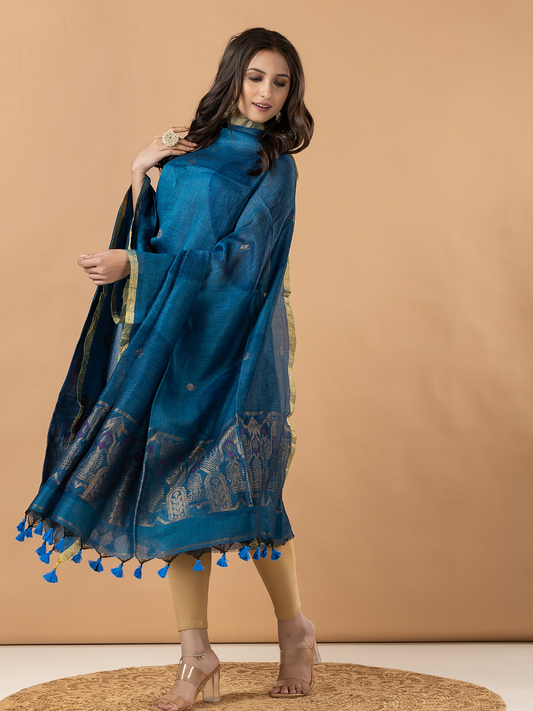 Handwoven Jamdani Linen Unstitched 2-Piece Kurti | Peacock Teal