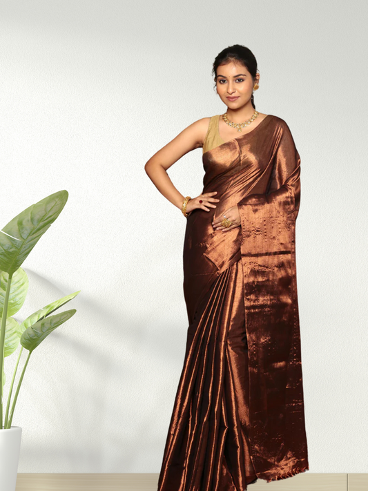 Tissue Silk Saree With Golden Wood Brown - 010