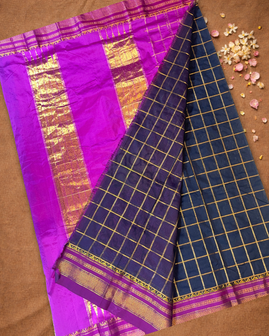 Ilkal Saree in Navy Blue With Pink Border