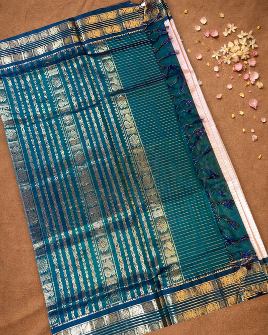 Handloom Korvai Silk Cotton Saree | Deep Teal